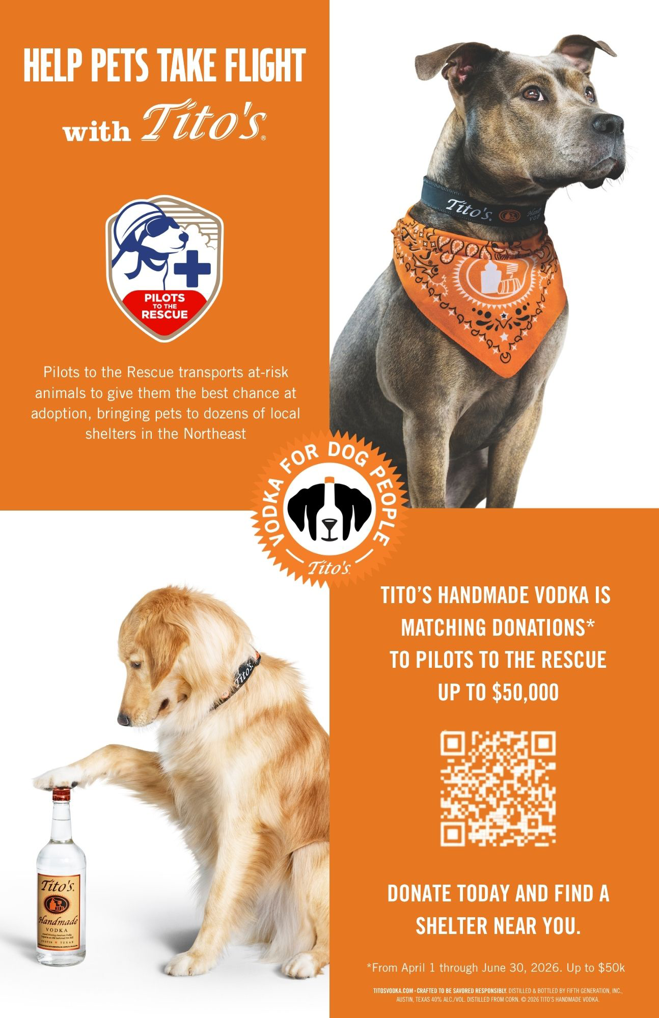Titos Handmade Vodka is matching donations to Pilots To The Rescue up to $50,000 from April 1 through June 30, 2026