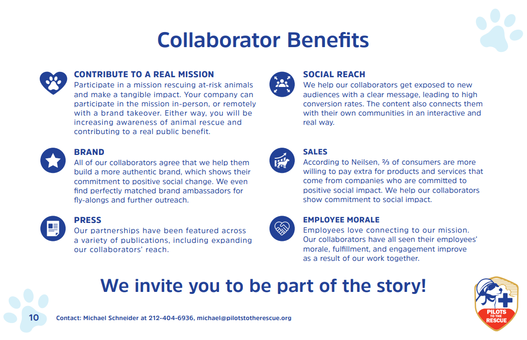 Collaborator Benefits - contact for details: 212-404-6936, michael@pilotstotherescue.org